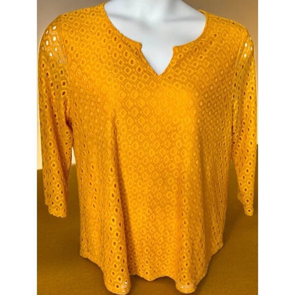 Ruby Rd Womens Quarter Sleeve Solid Yellow Eyelet Lace Spandex Lined Sweater XL - Picture 7 of 7